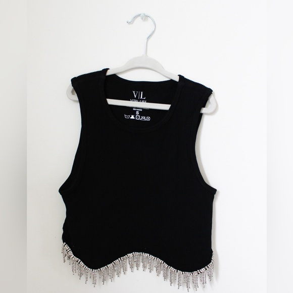 Black Top, Size Small, Vital life brand, Rhinestone And Tassel Detailing - Picture 1 of 3